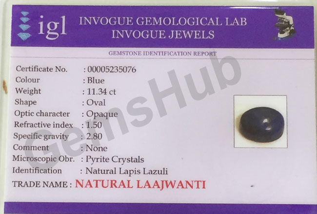 11.34 ct Natural Certified Lapis Lazuli (Lajwart)